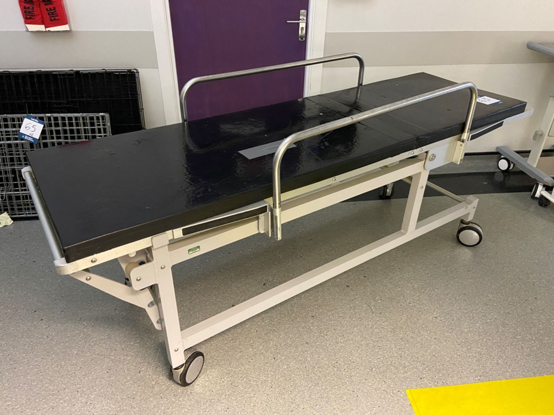 Adjustable patient ward bed/trolley with retractable side bars, 212cm (L) x 60cm (W) x 73cm (H)