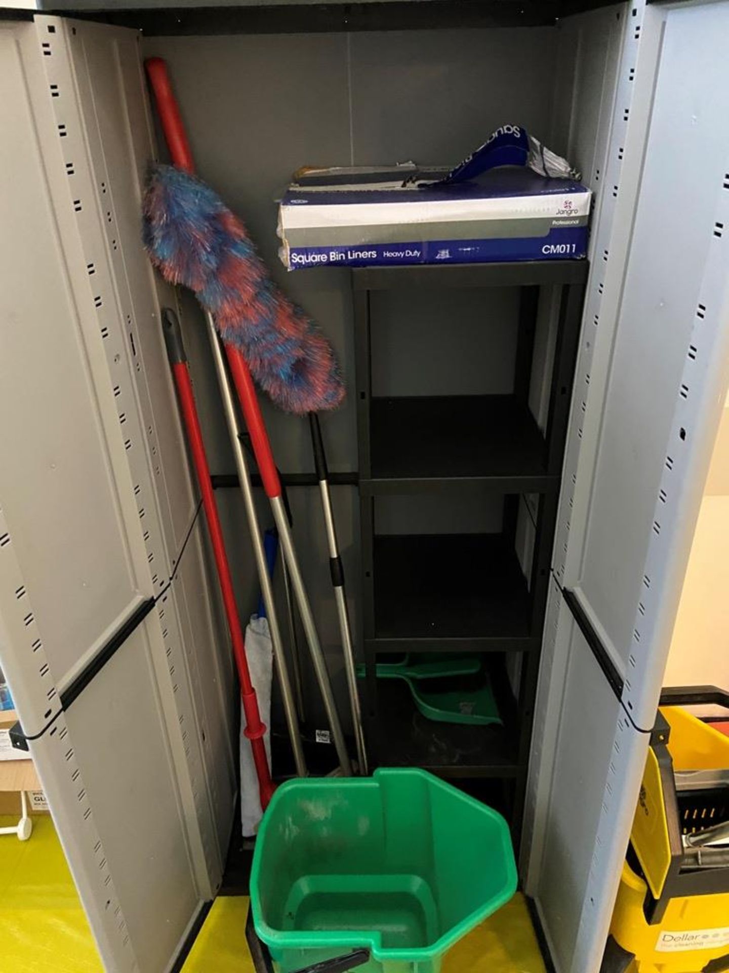 Plastic cleaning storage cupboard with contents comprising: 2x No. mop buckets, 6x No. hazard signs, - Image 2 of 2