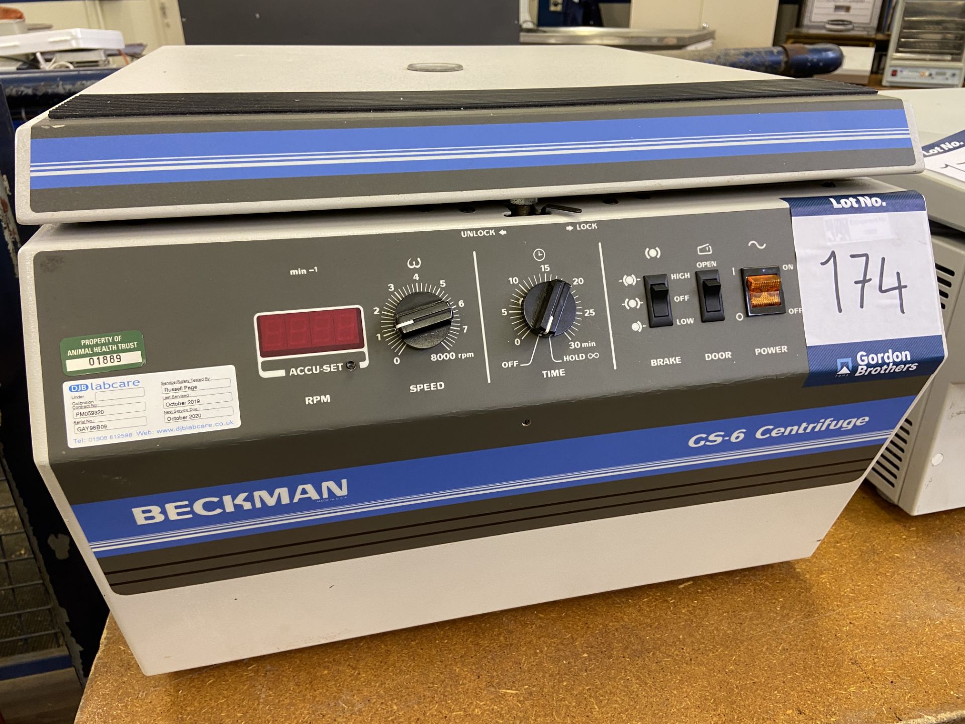 Beckman GS-6 benchtop centrifuge, Serial No. GAY98B09, with 240v power cable