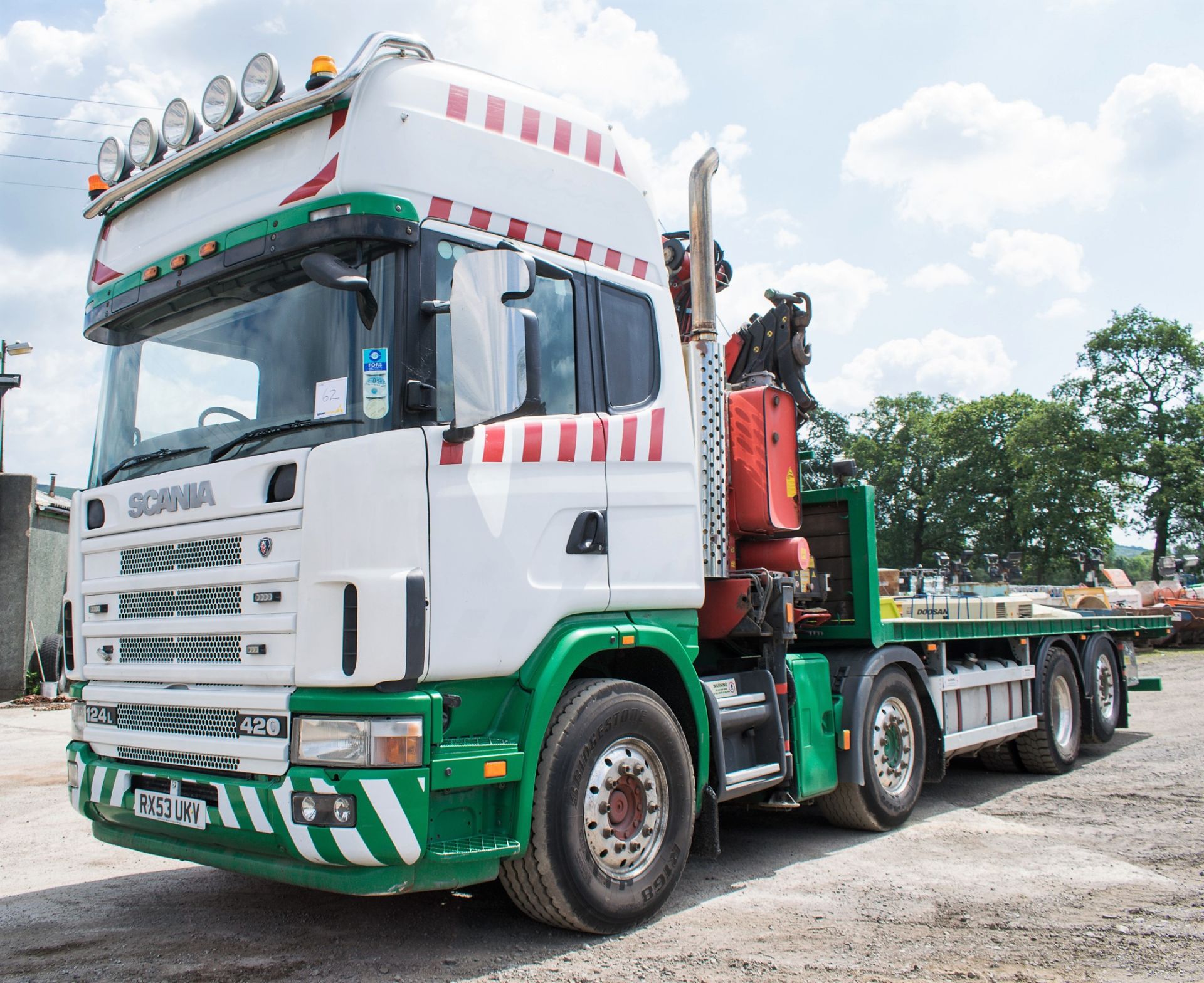 Scania 124L 420 8 x 2 flat bed crane lorry Registration Number: RX53 UKV Date of Registration: 08/