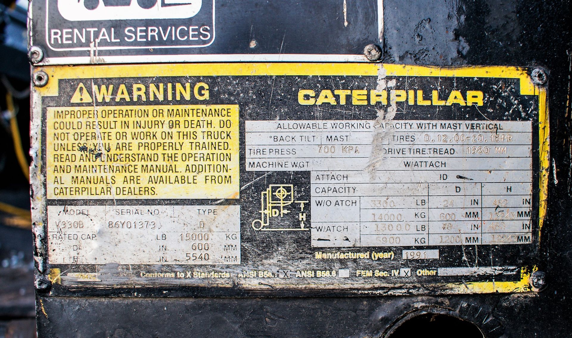 Caterpillar V330B diesel driven fork lift truck Year: 1991 S/N: 86Y01373 Recorded Hours:26,511 c/w - Image 21 of 25