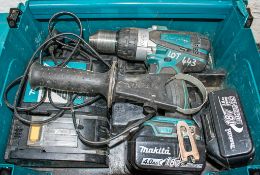 Makita 18v cordless hammer drill c/w 2 batteries, charger & carry case ** Lid broken ** A764961