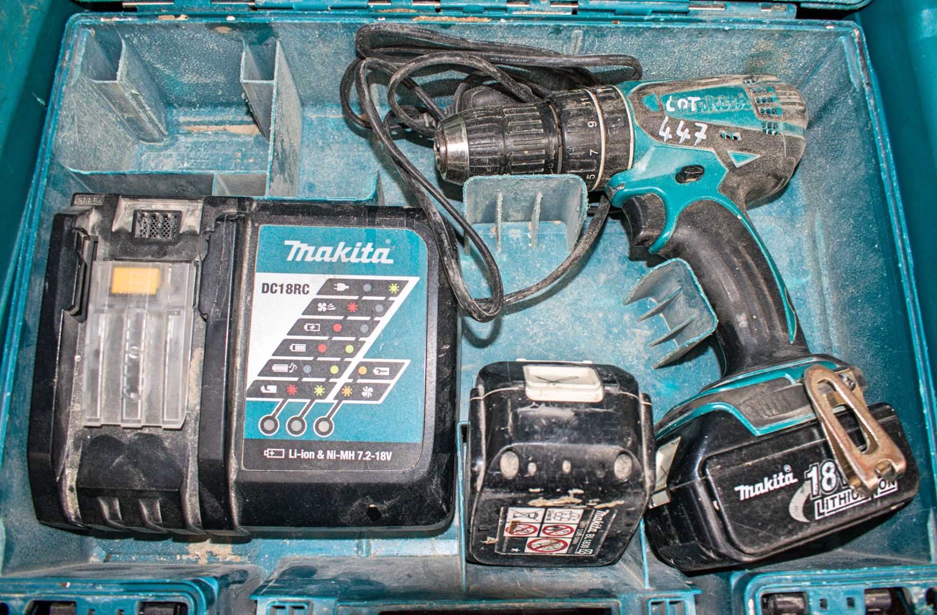 Makita 18v cordless hammer drill c/w 2 batteries, charger & carry case A656105