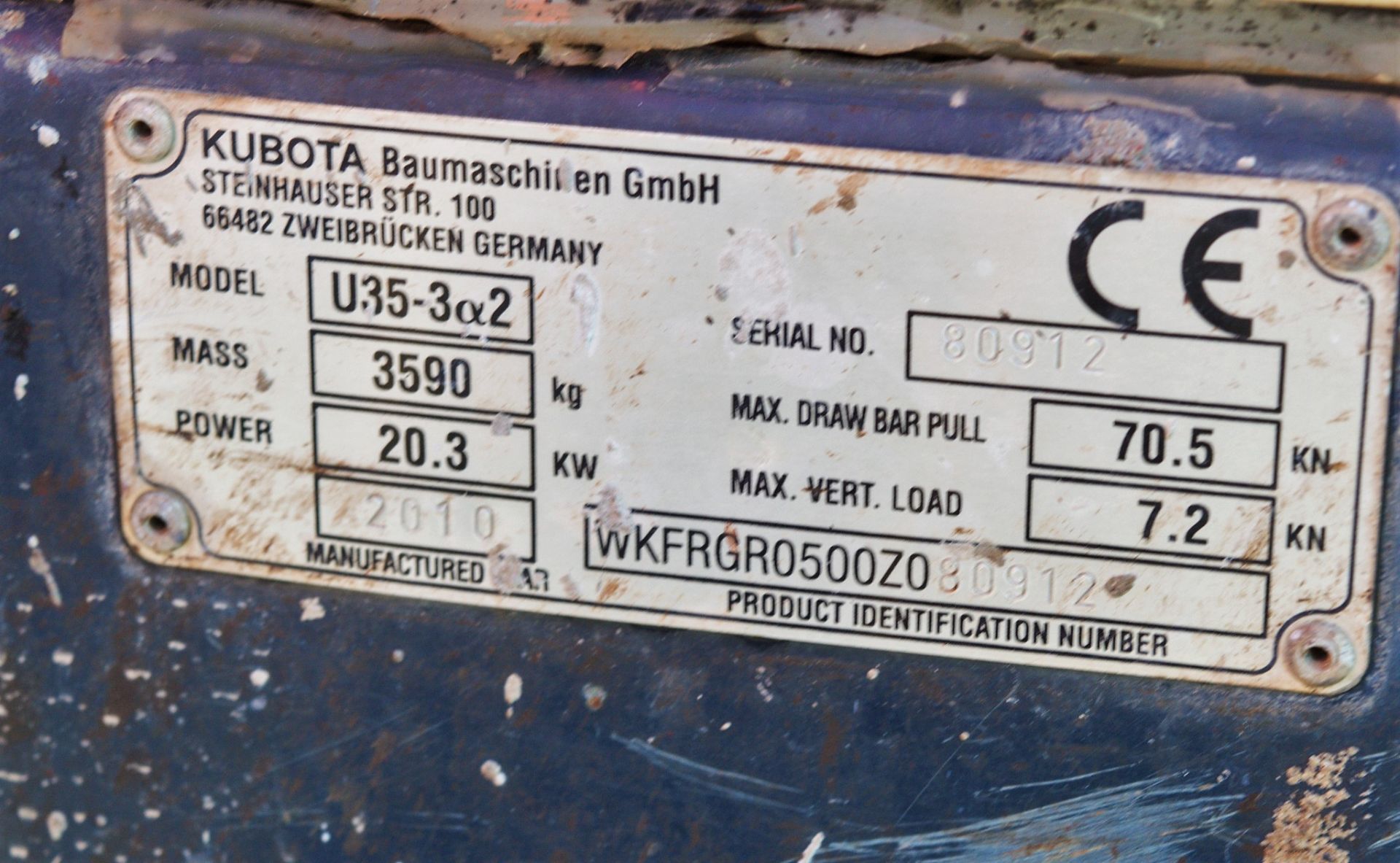 Kubota U35-3 3.5 tonne rubber tracked mini excavator Year: 2010 S/N: 80912 Recorded Hours: blade, - Image 23 of 23