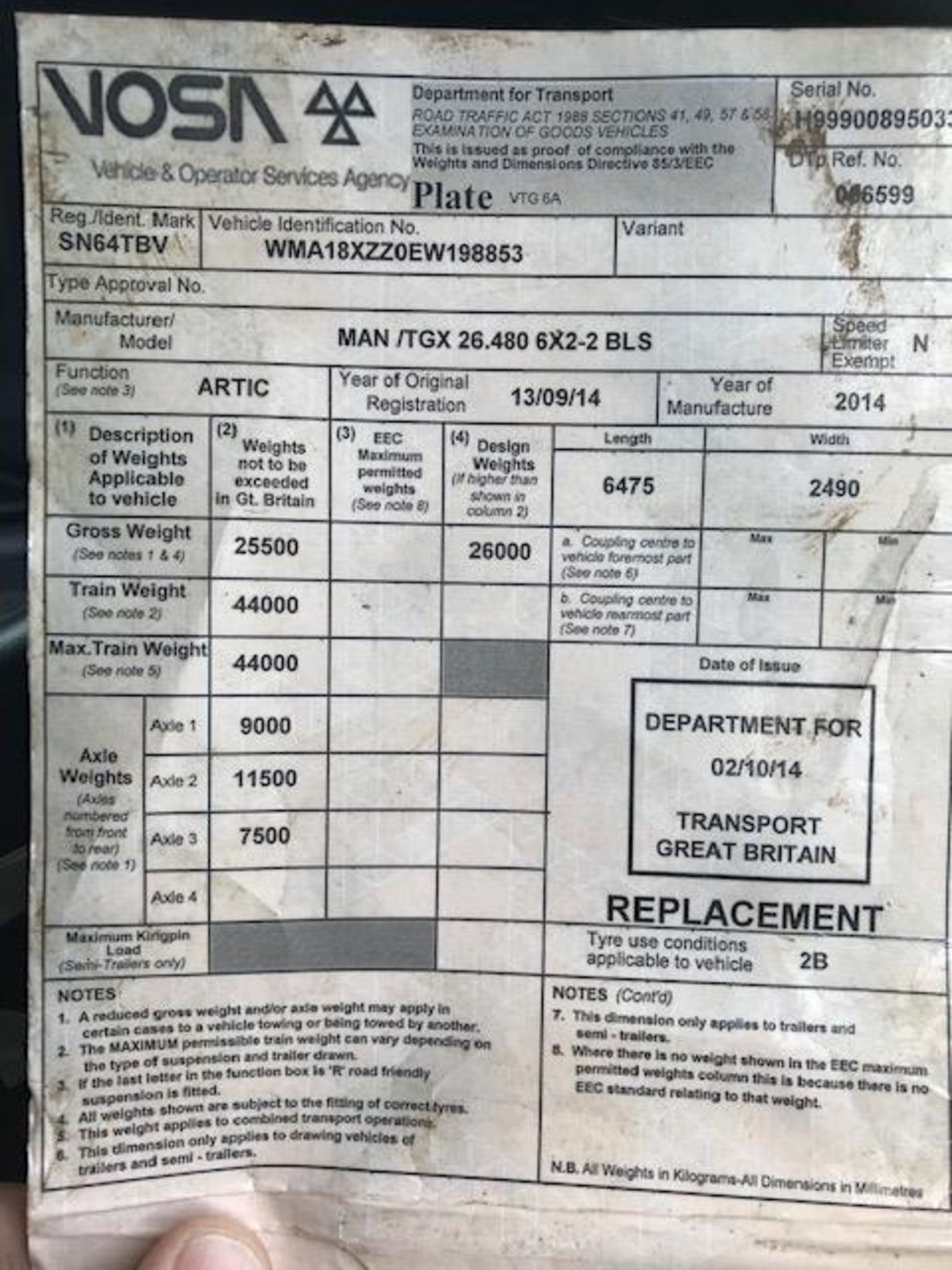 Man TGX 26.480 6 x 2 rear lift manual crane tractor unit Registration Number: DIG 6982 Date of - Image 18 of 19