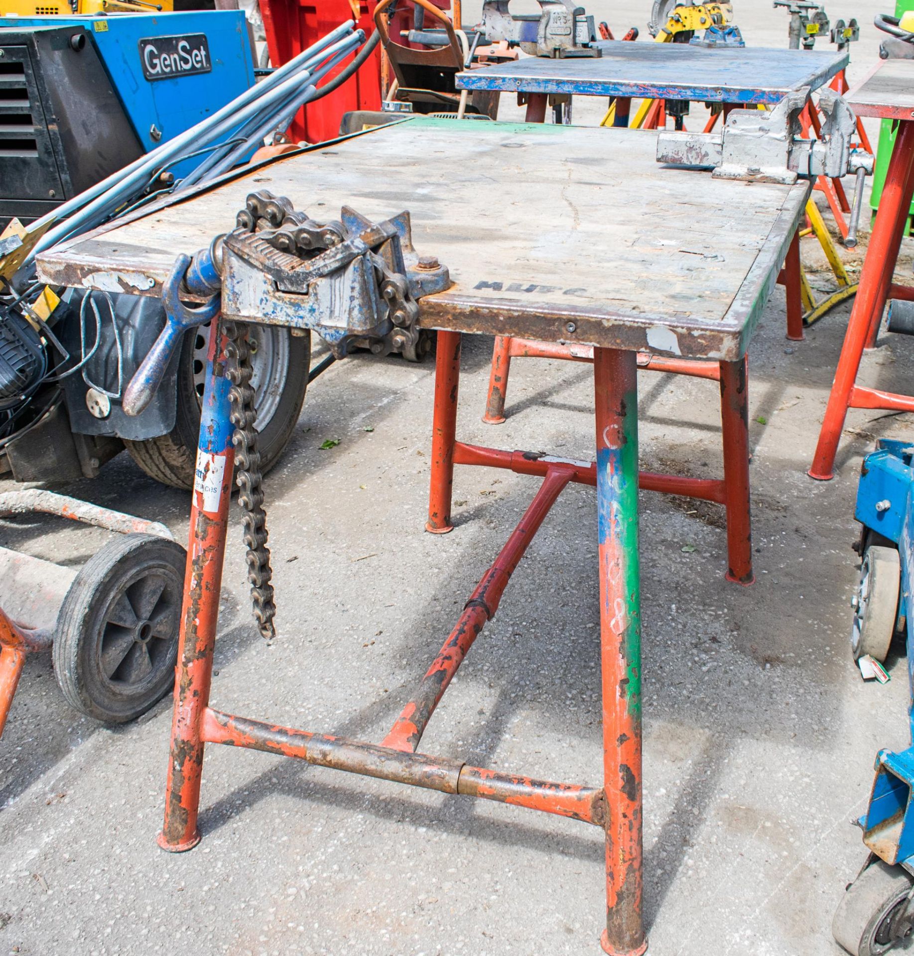 Collapsible steel work bench c/w pipe vice & engineers vice MTWTF55