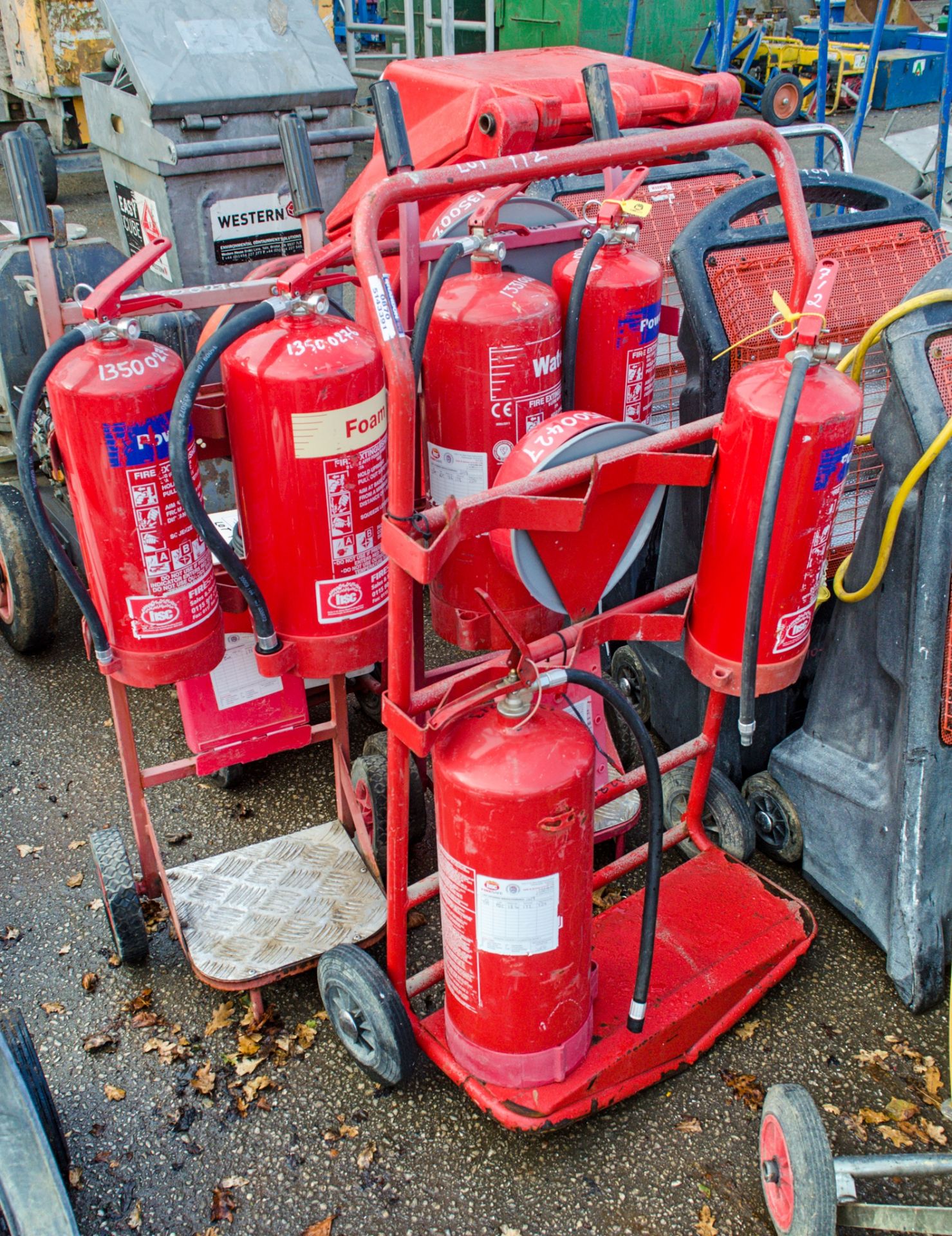 3 - fire extinguisher trollies c/w fire extinguishers