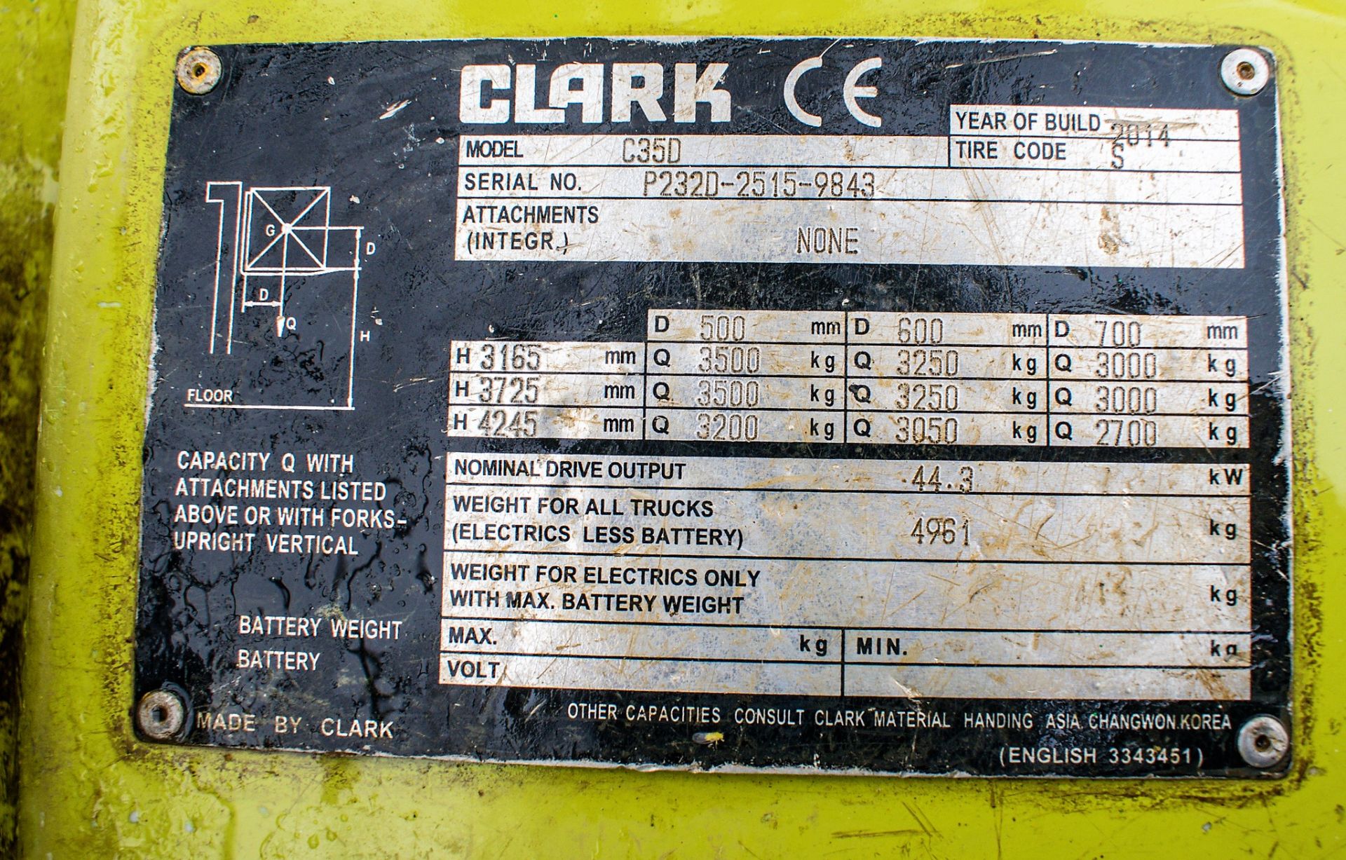 Clark C35D 3.5 tonne diesel fork lift truck Year: 2015 S/N: 25159843 Recorded Hours: 2866 N628403 - Image 16 of 16