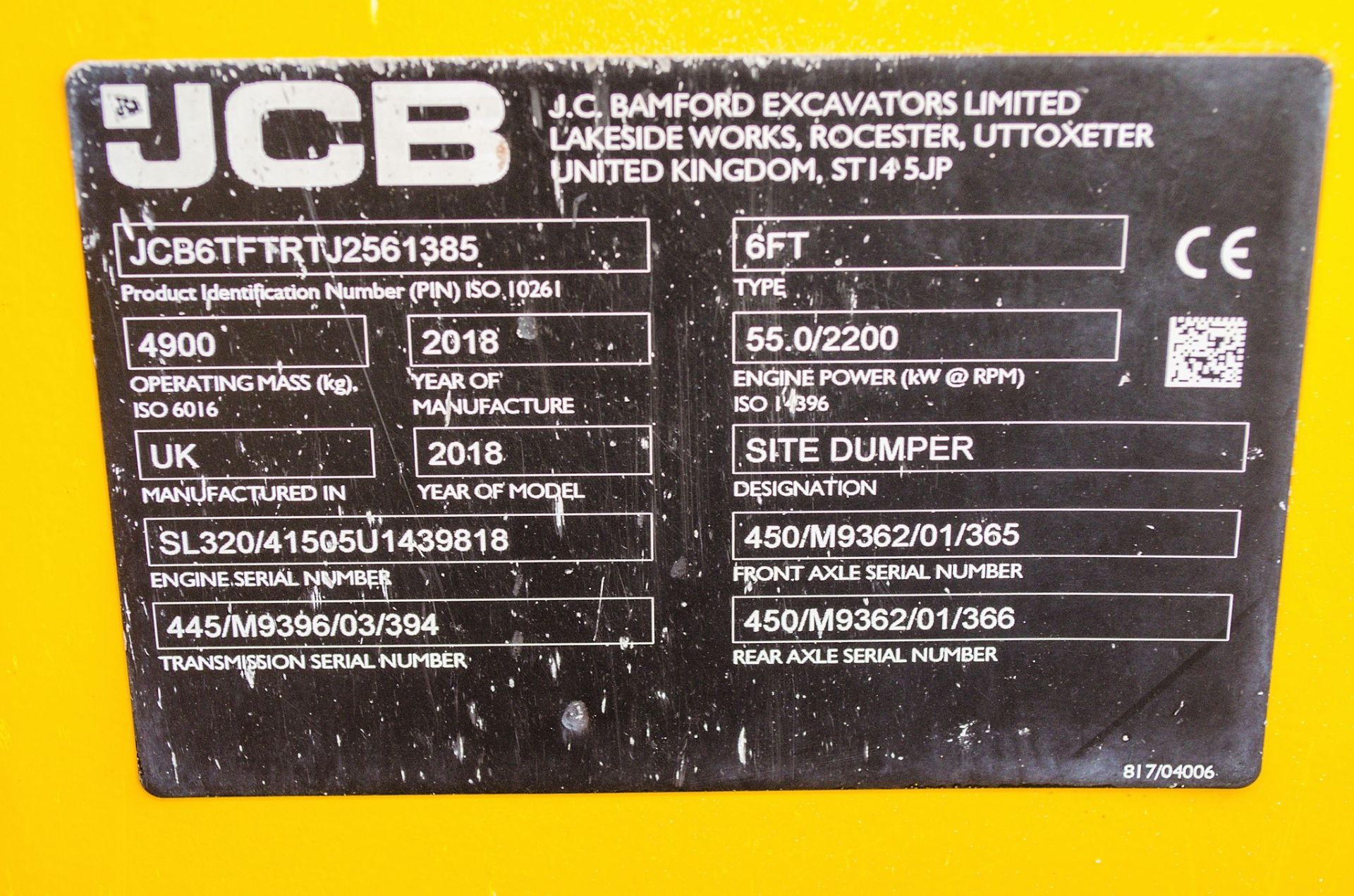 JCB 6 tonne straight skip dumper Year: 2018 S/N: J2561385 Recorded Hours: 601 MA68 HTG - Image 21 of 22