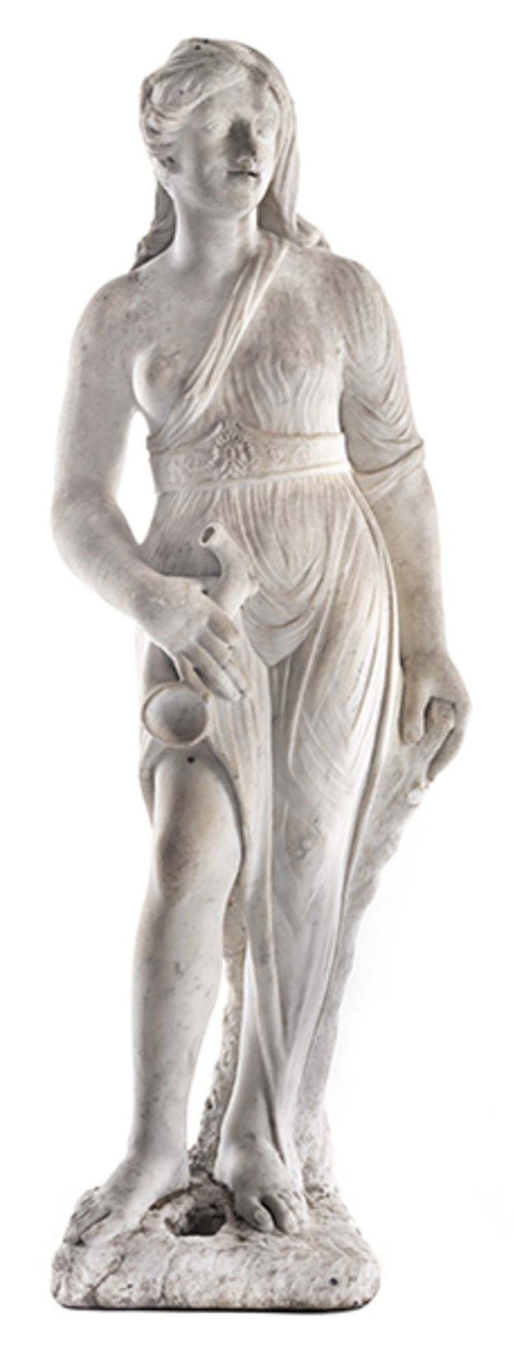 Marmorfigur einer antik gekleideten Jagdgehilfin der Göttin Diana<