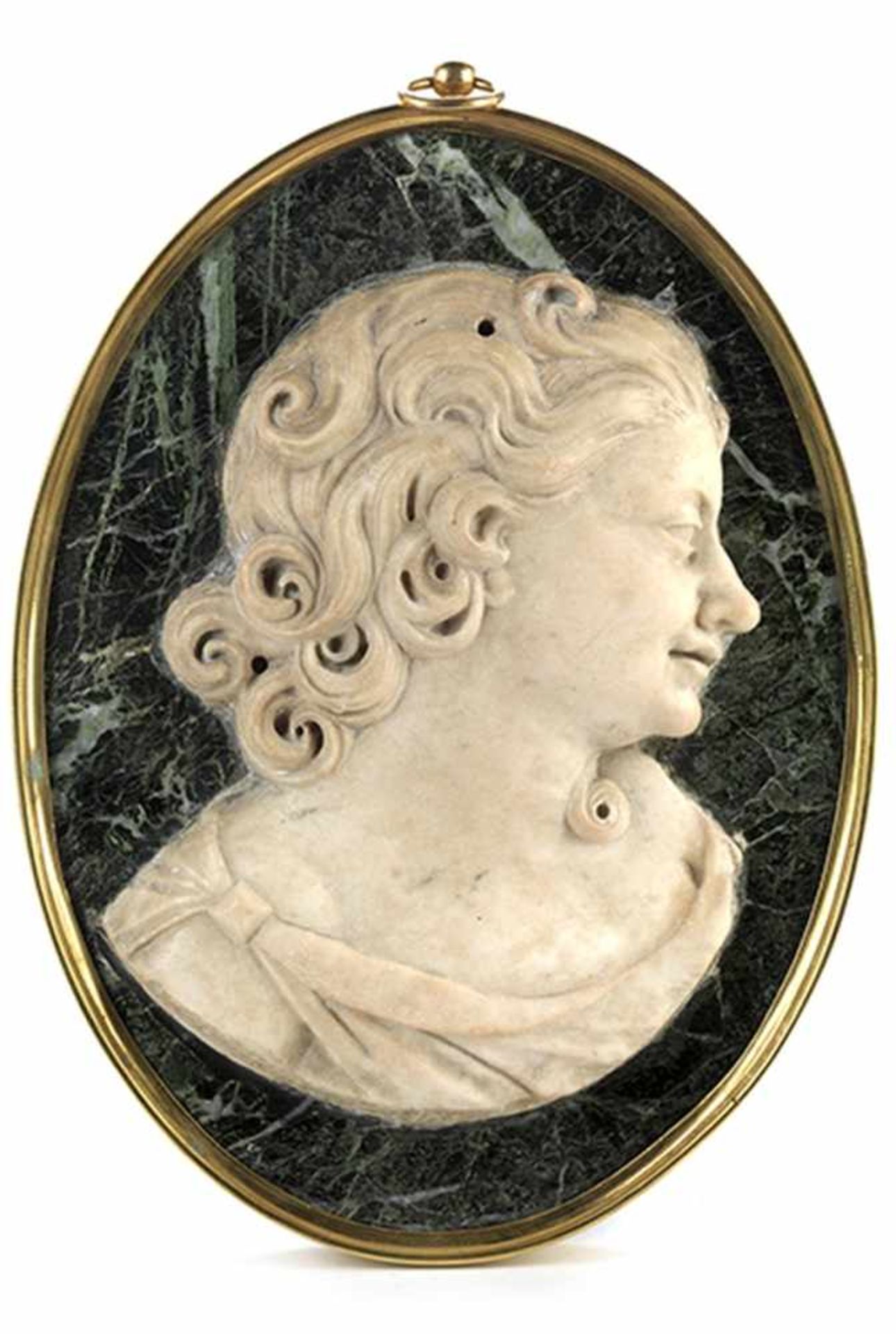 Profilmedaillon eines jungen Mannes 37 x 28 cm. Frankreich, 17. Jahrhundert. In einen grün-weißen - Bild 4 aus 4
