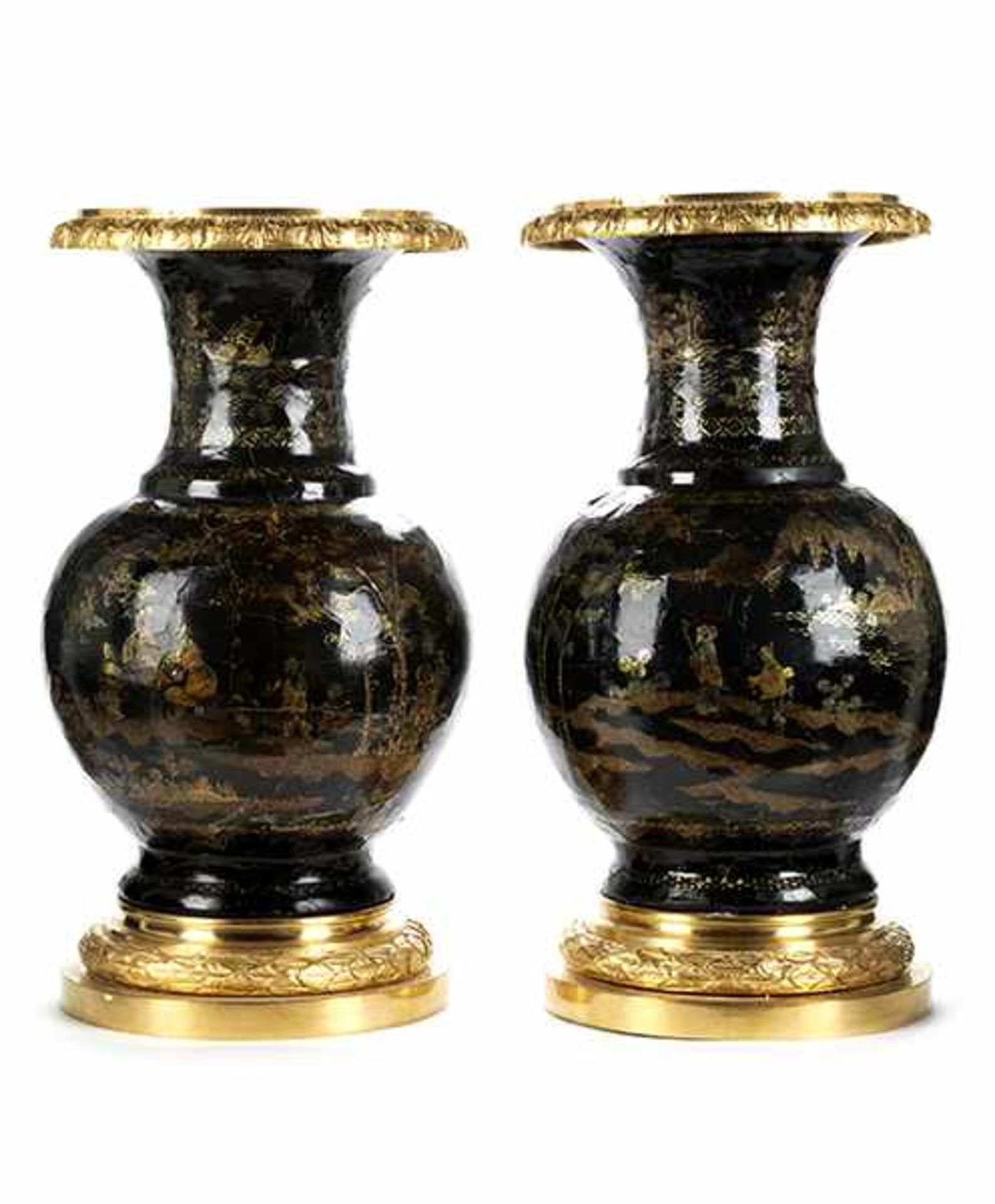 A pair of large Bourgauté lacquer vases with gilt mountings<