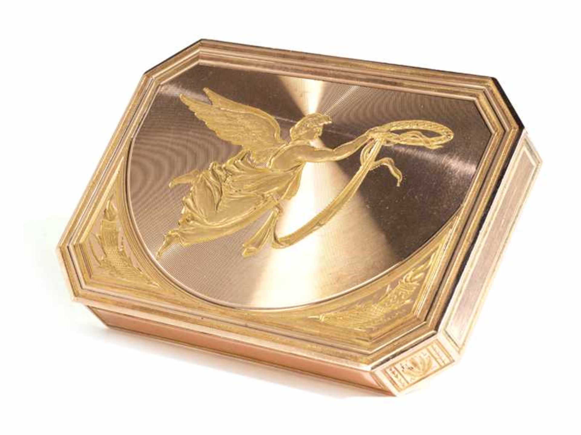Golddose mit Genius 1,3 x 9,3 x 6,6 cm. Gewicht: 98 g. Steckkante punziert mit 583er Feingehalt