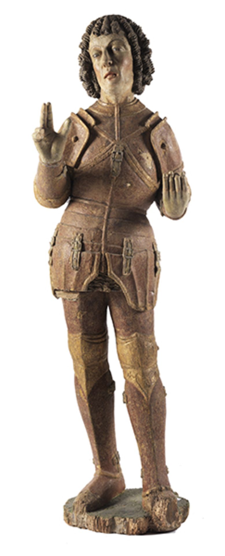 Skulptur des Heiligen Florian. Höhe mit Sockel: 115 cm. Sockelgröße: 30 x 20 cm. Um 1500. Holz,