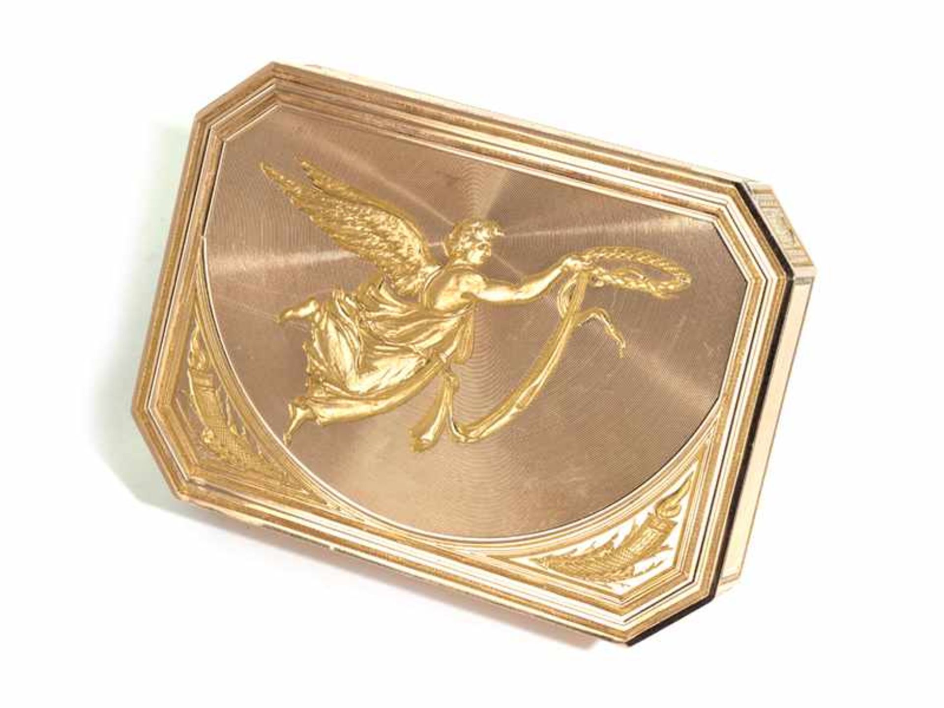 Golddose mit Genius 1,3 x 9,3 x 6,6 cm. Gewicht: 98 g. Steckkante punziert mit 583er Feingehalt - Bild 3 aus 6