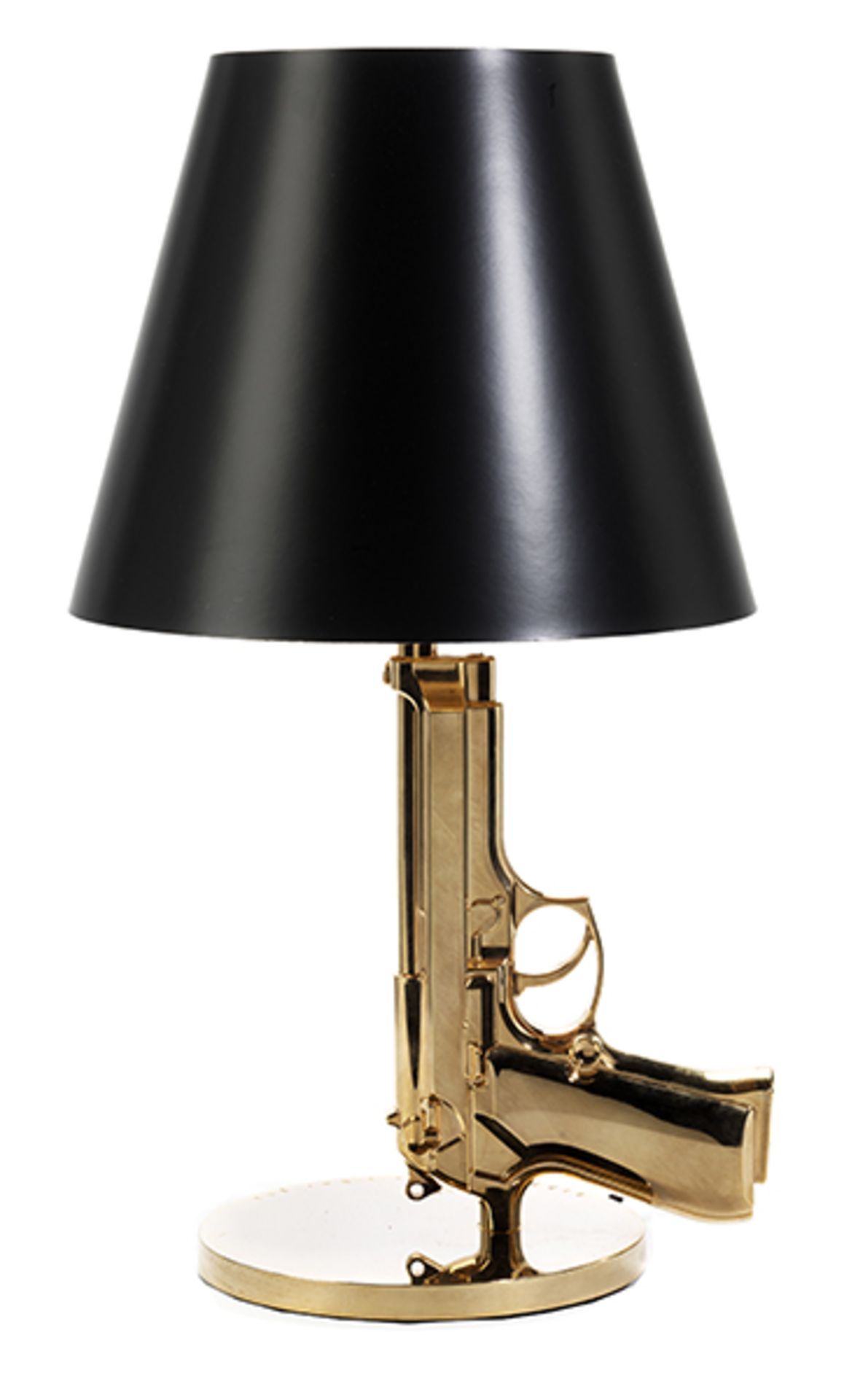 Philippe Starck-Table Gun Höhe inkl. Lampenschirm: 43,2 cm. 18 kt. galvanisierter Fuß mit Gravur "