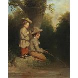 Englischer Maler des 18./ 19. Jahrhunderts ZWEI KINDER BEIM ANGELN Öl auf Leinwand. 46 x 36 cm. Um