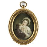 Miniatur mit Liebespaar 5 x 4 cm. Frankreich, 19. Jahrhundert. Gouache auf Elfenbein. Vor