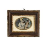 Miniatur mit Arlecchino und Colombina9 x 7 cm. Rahmenmaße: 17,5 x 14 cm. Venedig, 18. Jahrhunde