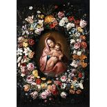 Andries Daniels, um 1580 "" 1640 MADONNA MIT KIND IM BLUMENKRANZ Öl auf Holz. Parkettiert. 105 x