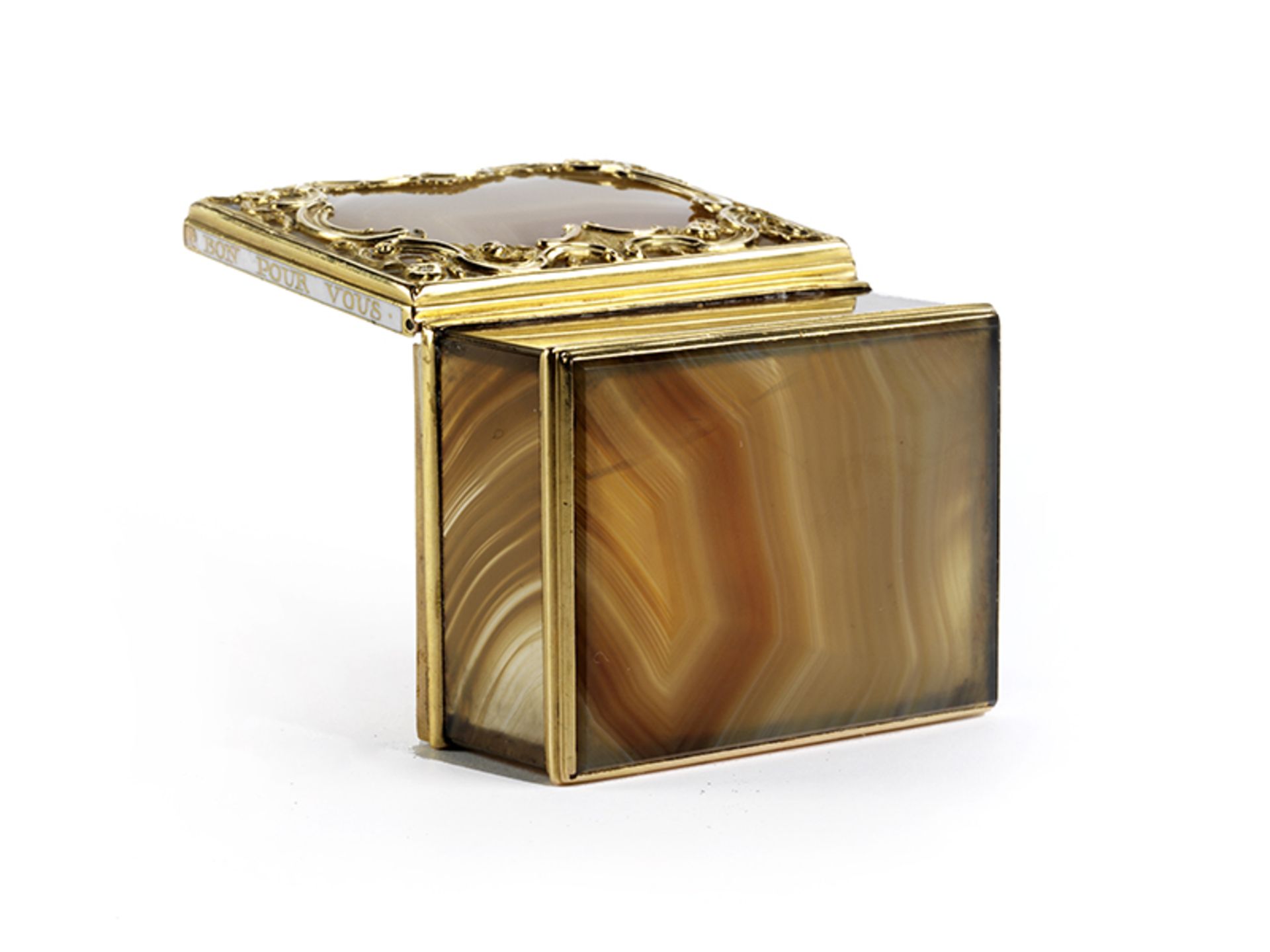 Goldmontierte Achatdose 2,4 x 4,7 x 3,6 cm. Gewicht: 44 g. Frankreich, zweite Hälfte 18. - Bild 4 aus 5