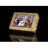 Hanauer Gold-Emaildose 2 x 8,7 x 6 cm. Gewicht: 143 g. Meistermarke "Charles Collins & Son".