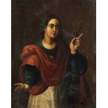 Maler des 17./ 18. Jahrhunderts DARSTELLUNG EINER HEILIGEN MIT KLEINEM KREUZ IN IHRER LINKEN HAND Öl