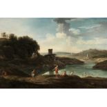 George Lambert, 1700/10 Kent "" 1765 London, zug. IDYLLISCHE FLUSSLANDSCHAFT MIT BADENDEN Öl auf