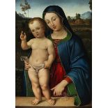 Jacopo Boateri, 1487 "" 1530, zug. MARIA MIT DEM SEGNENDEN JESUSKIND IN LANDSCHAFT Öl auf Holz. 61 x