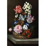 Jan van den Hecke d. Ä., 1620 "" 1684 BLUMENBOUQUET IN FLECHTKORB Öl auf Holz. 39 x 27,5 cm. In