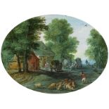 Jan Brueghel d. J., 1601 Antwerpen "" 1678 ebenda DORFSZENE MIT ZUSAMMENGETRIEBENEN SCHWEINEN Öl auf