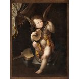 Italienischer Meister des 17. Jahrhunderts MUSIZIERENDER PUTTO Öl auf Leinwand. Doubliert. 111 x