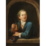 Jacob de Witt, 1695 "" 1754, zug. ELEGANTER HERR MIT KRUG IN FENSTERNISCHE Öl auf Holz. 29,5 x 21,