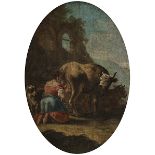 Italienischer Maler des 17./ 18. Jahrhunderts MELKENDE IN LANDSCHAFT Öl auf Holz. 27,5 x 19,2 cm. In