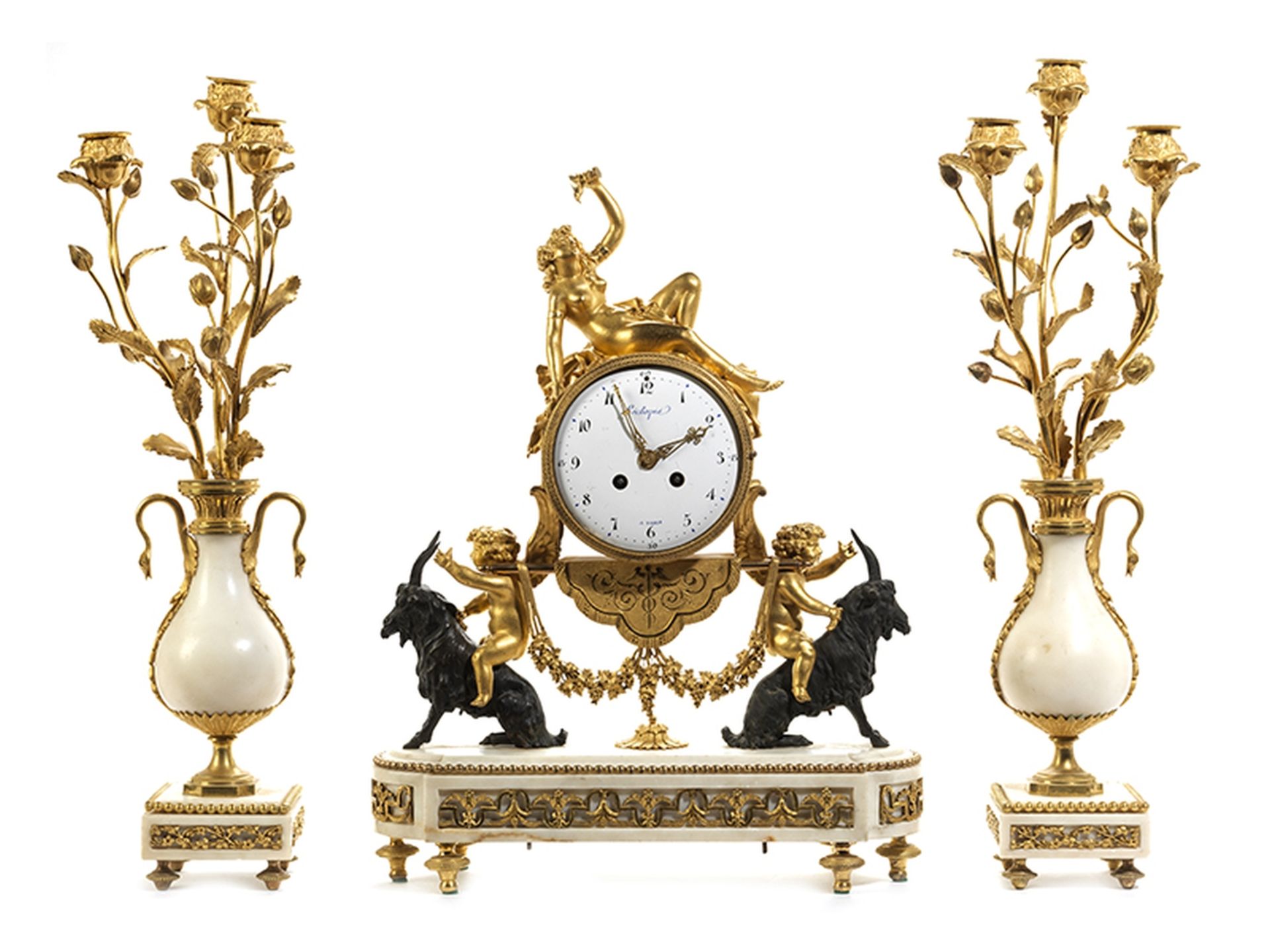 Elegantes Kaminuhren-ensemble Uhr: 48 x 37 cm. Paar Kandelaber: 56 cm. Auf dem Zifferblatt - Bild 6 aus 6