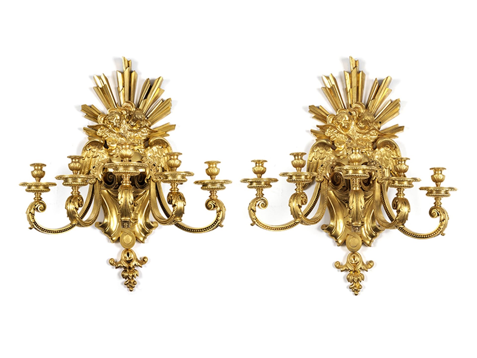 Paar Wandappliken im Louis XIV-Stil Höhe: 43 cm. Wohl Frankreich. Bronze, gegossen, vergoldet. - Bild 4 aus 4