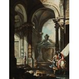 Venezianischer Maler des 18. Jahrhunderts ARCHITEKTURCAPRICCIO MIT BEWEGTEN FIGUREN Öl auf Leinwand.