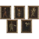 Italienischer Maler des 18. JahrhundertsSerie von fünf Gemälden mit Figuren der Commedia dell'a