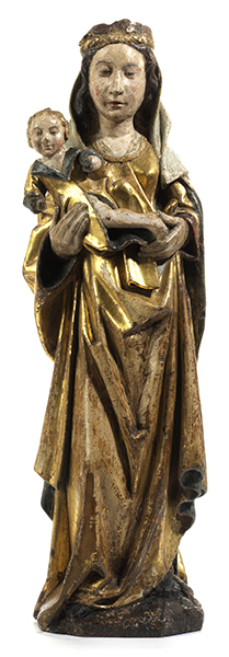 Maria mit dem Kinde Höhe: 53,5 cm. Westdeutsch, 15./ 16. Jahrhundert. Eiche, geschnitzt, gefasst,