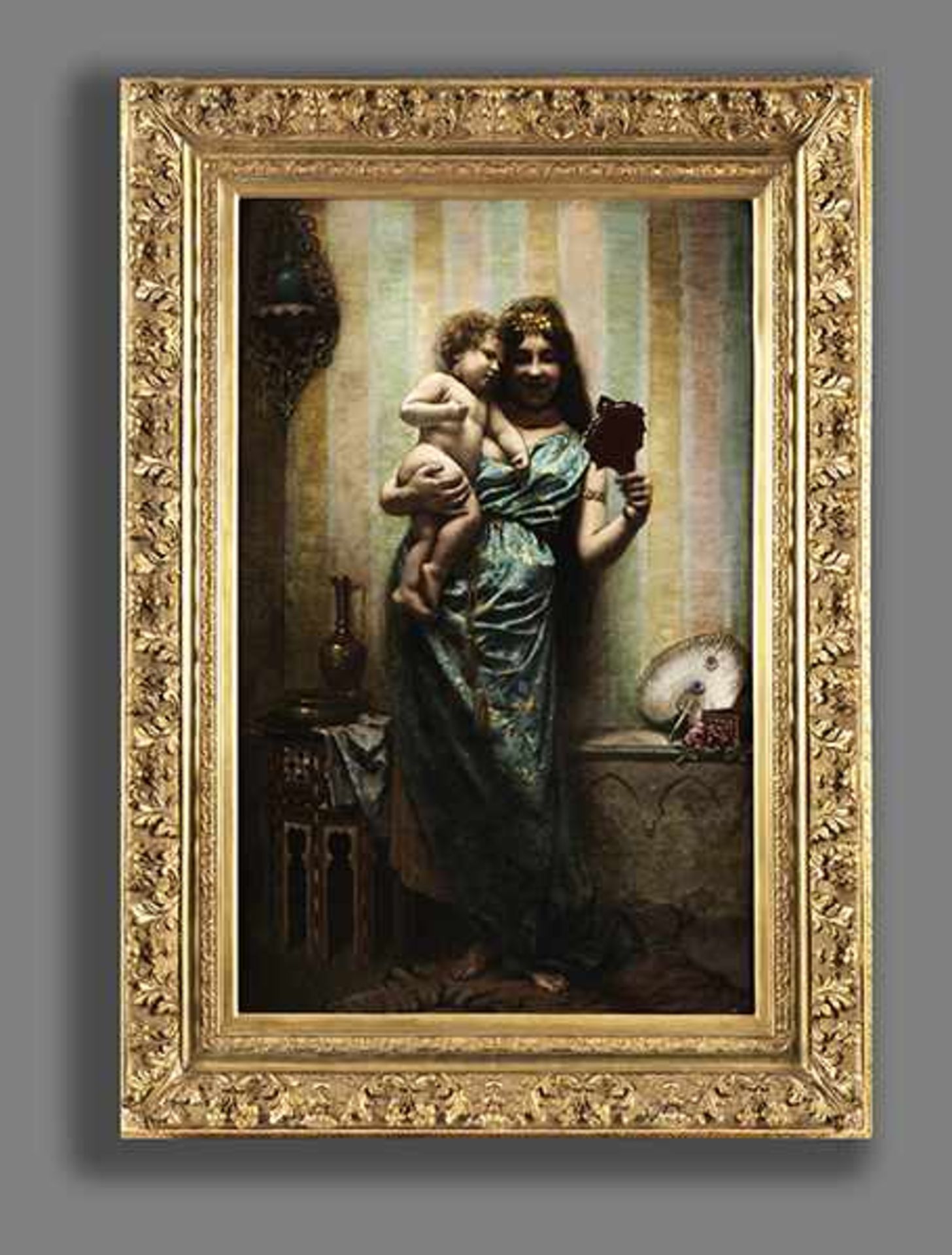 Stevens, Agapit1849 Brüssel - 1917/24 Watermael Mutter mit Kind in orientalischem Interieur Öl auf - Bild 5 aus 6