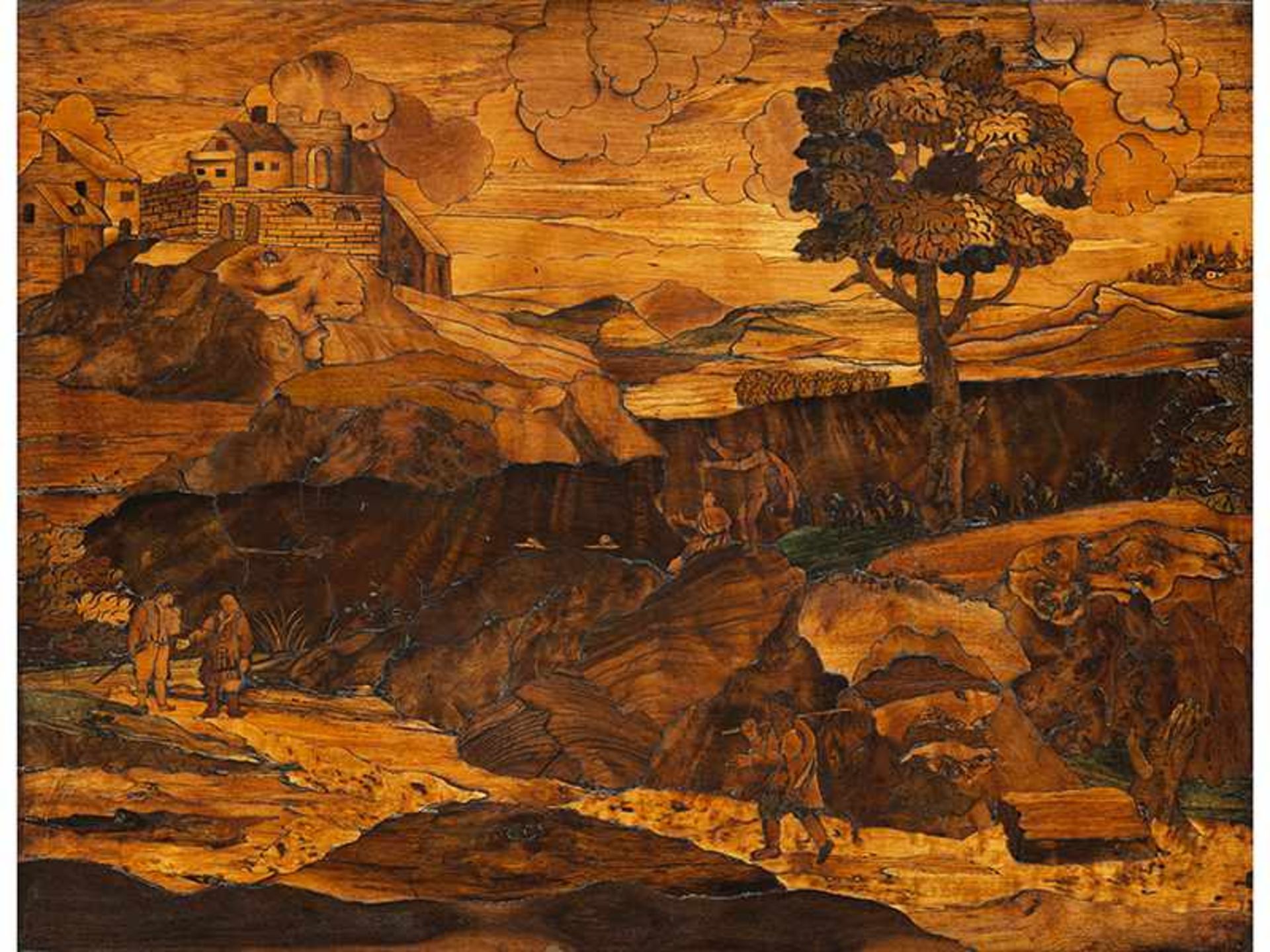 Zwei Intarsientafeln30,5 x 39 cm. Inkl. Rahmen: 44 x 52,5 cm. Nürnberg, 17. Jahrhundert. Auf - Bild 2 aus 7