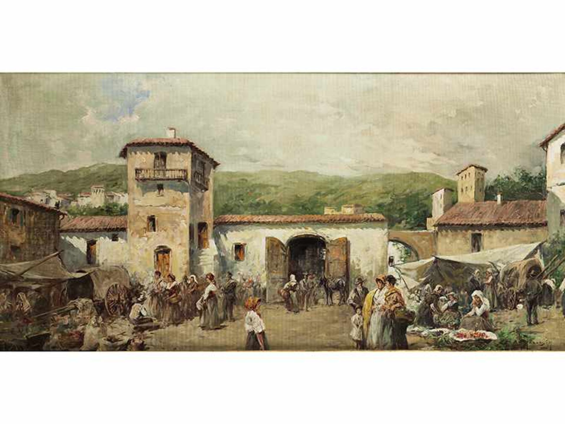 Andrea Marchisio, 1850 "" 1927 MARKTTAG Öl auf Leinwand. 40 x 80,5 cm. Rechts unten signiert "A.