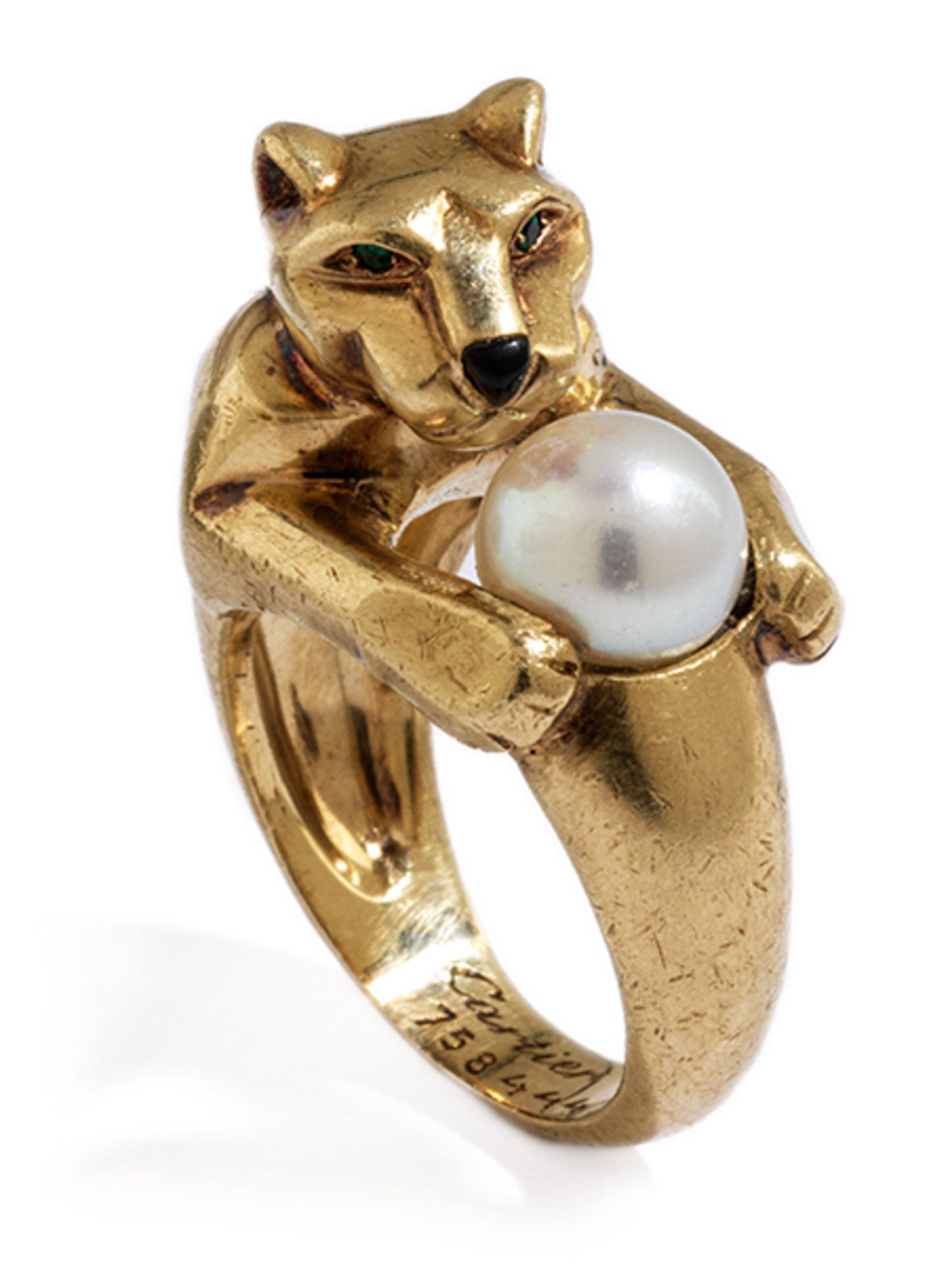 Panther-Perl-Goldring von CartierRingweite: 53. Gewicht: ca. 20,6 g. GG 750. Signiert "Cartier