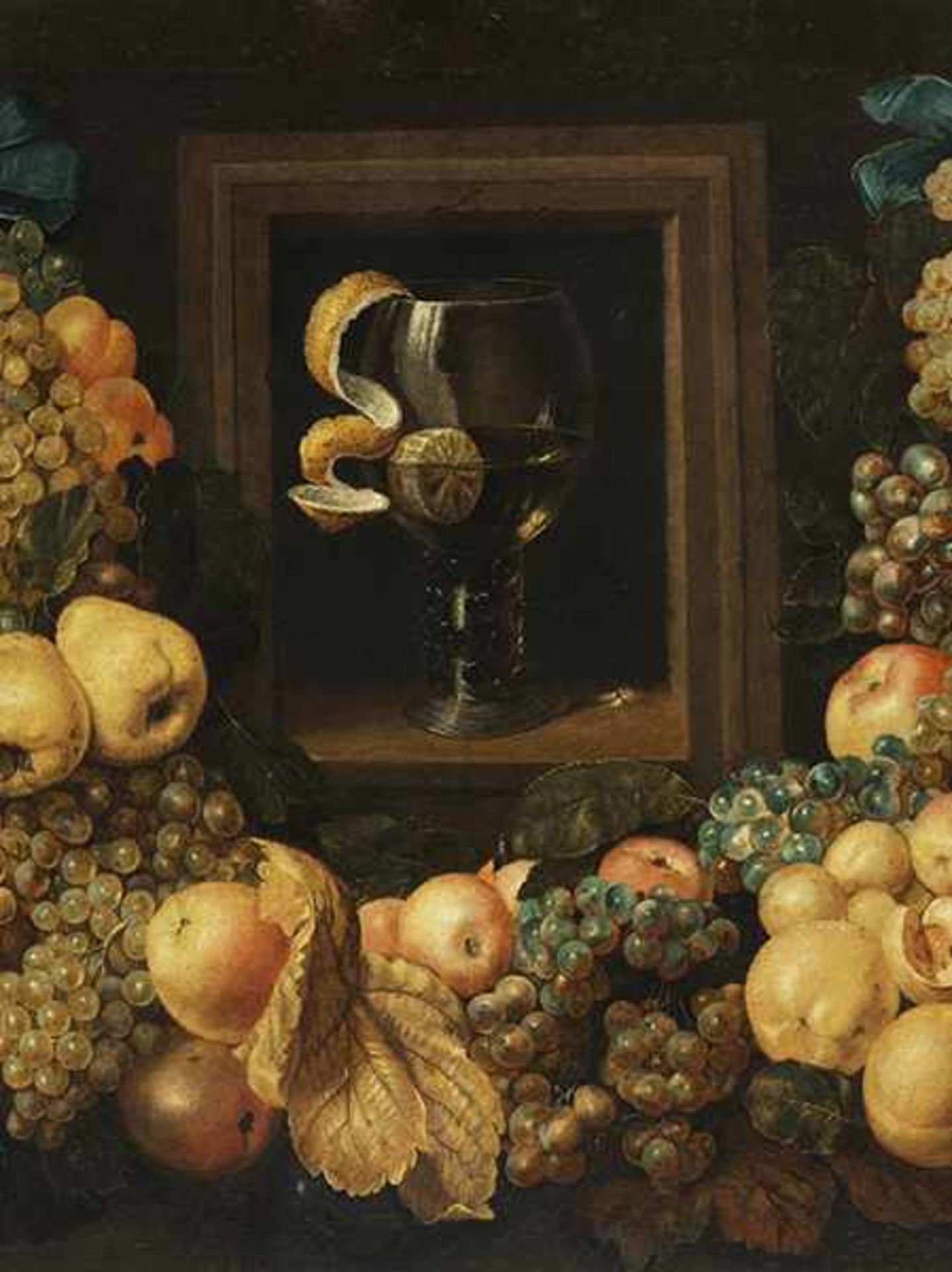 Ottmar Elliger d. Ä., 1633 "" 1679 FRUCHTGIRLANDE UM NISCHE MIT RÖMER UND ZITRONE Öl auf Leinwand. - Image 2 of 10