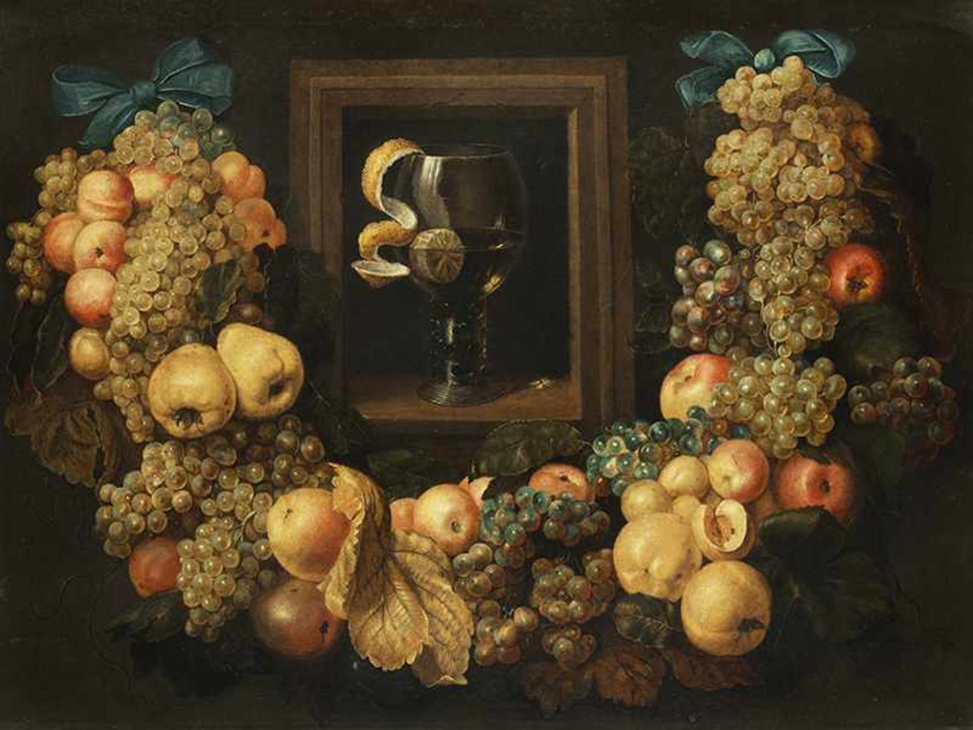 Ottmar Elliger d. Ä., 1633 "" 1679 FRUCHTGIRLANDE UM NISCHE MIT RÖMER UND ZITRONE Öl auf Leinwand.