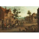 Joost Cornelisz Droochsloot, 1586 Utrecht "" 1666 ebenda, zug. BELEBTE DORFSTRASSE MIT REISENDEN