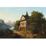 Theodor Kotsch, 1818 "" 1884 ALTE KAPELLE IN DEN BERGEN MIT SEEBLICK Öl auf Leinwand. 33 x 47,5