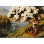 Maler des 20. Jahrhunderts BALINESISCHE FRAU MIT KIND AN EINEM FLUSSUFER Öl auf Leinwand. 48 x 67