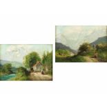 Maler des 20. Jahrhunderts Gemäldepaar LANDSCHAFT MIT ALPENKULISSE Je Öl auf Holz. Je 12 x 16 cm. Je
