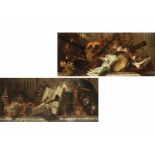 Maler des 19. Jahrhunderts Gemäldepaar STILLLEBEN Öl auf Leinwand. Doubliert. Je 56 x 120 cm. In